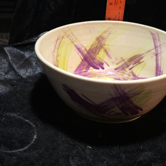 Handcrafted Ceramic Bowl With Abstract Purple & Green Brushstrokes - Picture 2 of 9